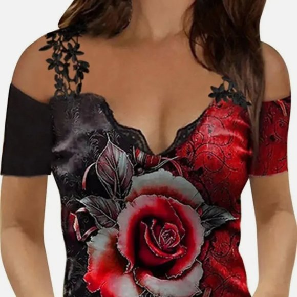 Women's Casual Rose Printed Tops V Neck Off Shoulder short Sleeve T-Shirt Blouse - Picture 6 of 6